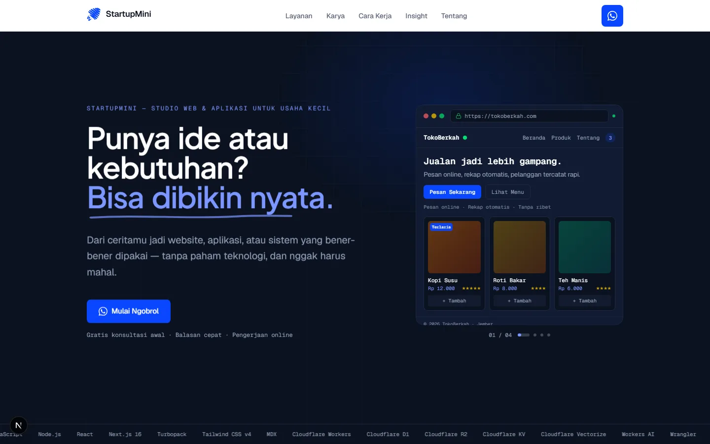 Tampilan beranda StartupMini — hero dengan carousel preview layanan.
