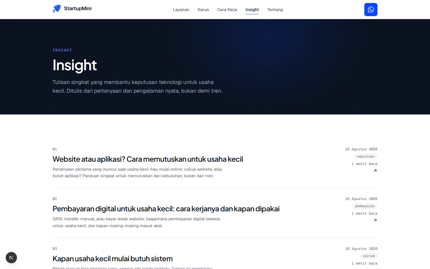 Halaman insight StartupMini — tulisan untuk membantu keputusan usaha kecil.