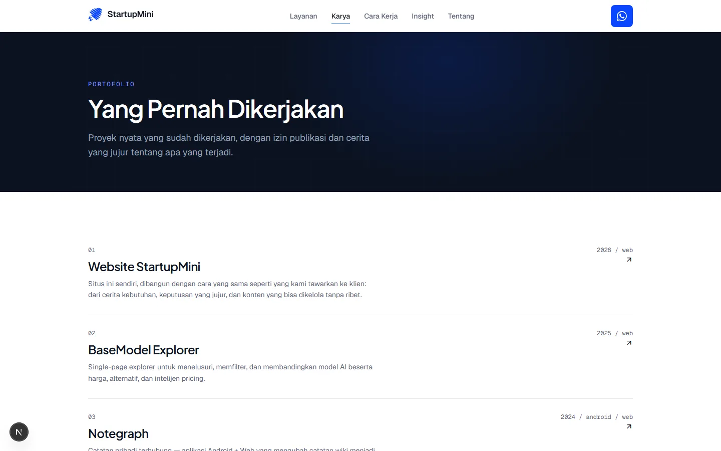 Halaman karya StartupMini — daftar portofolio proyek.