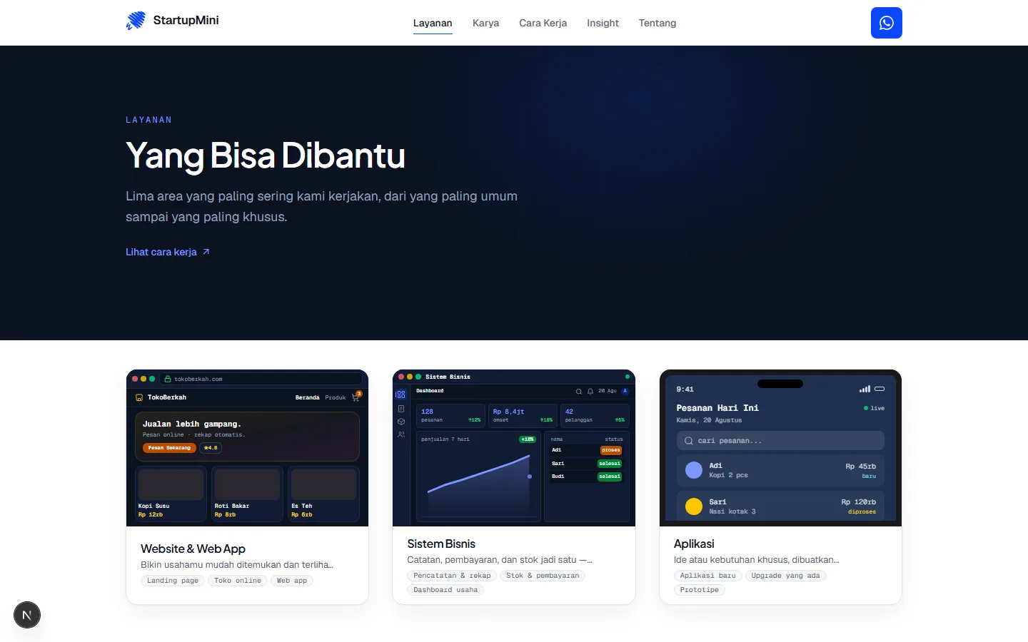 Halaman layanan StartupMini — lima kartu layanan dengan preview perangkat.